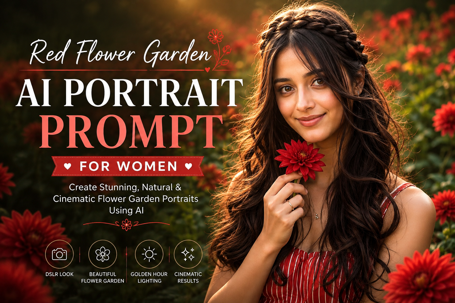 “Red Flower Garden AI Portrait Prompt for Women”