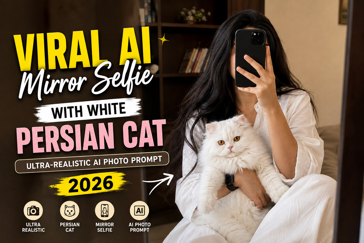 Viral AI Mirror Selfie with White Persian Cat: Ultra-Realistic AI Photo Prompt 2026