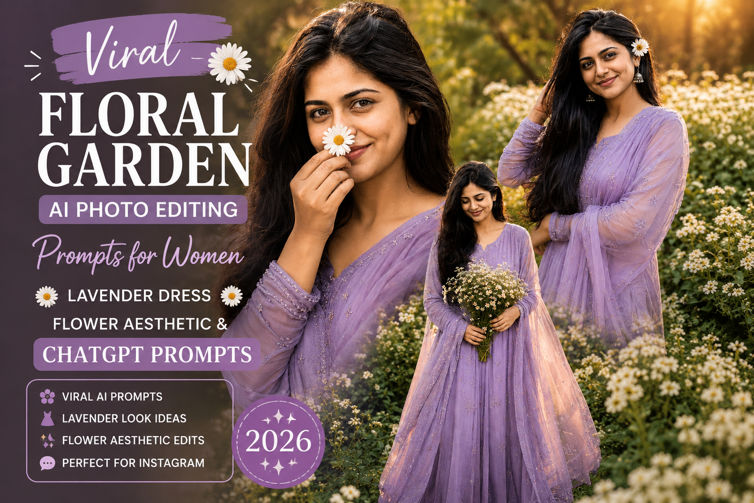 Viral Floral Garden AI Photo Editing Prompts for Women (2026) | Lavender Dress, Flower Aesthetic & ChatGPT Prompts