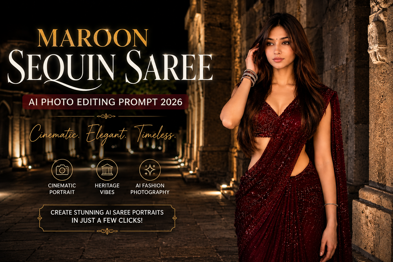 Maroon Sequin Saree AI Photo Editing Prompt 2026: Create a Cinematic Night Portrait