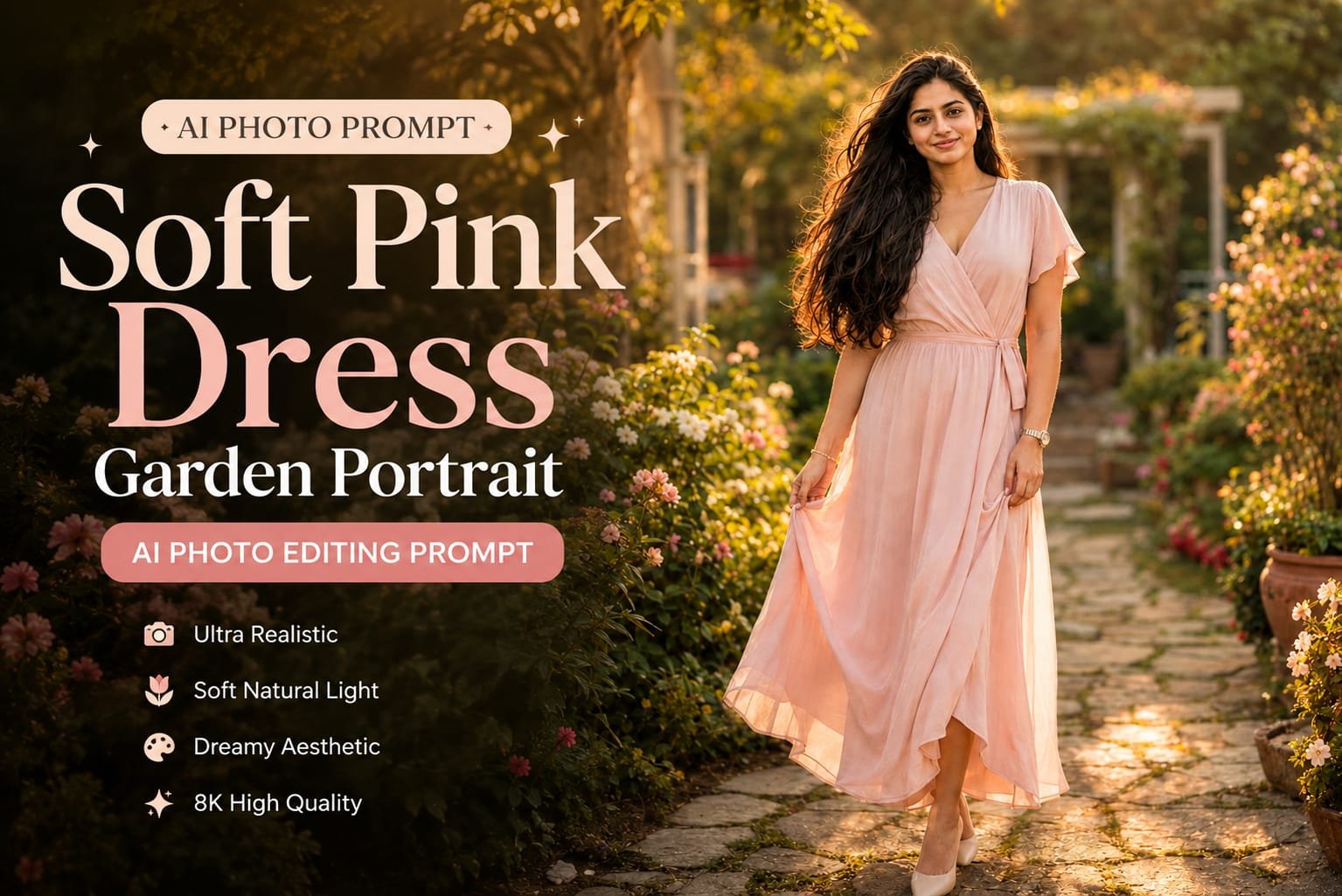Soft Pink Dress Garden Portrait AI Photo Editing Prompt 2026