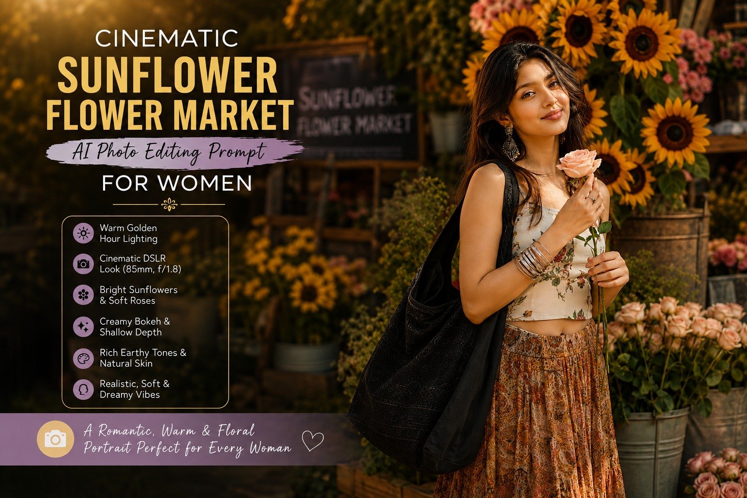 Cinematic Sunflower Flower Market AI Photo Editing Prompt for Women