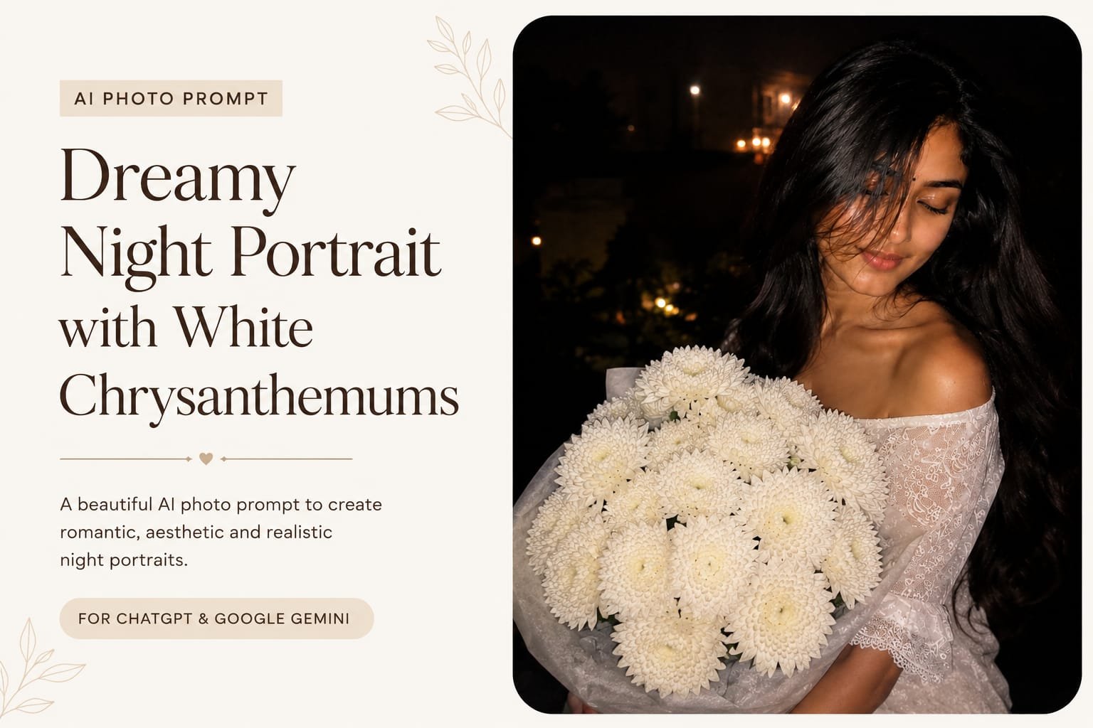 Create a Dreamy Romantic Night Portrait with AI: Stunning White Chrysanthemum Flower Photo Prompt for ChatGPT and Google Gemini 2026