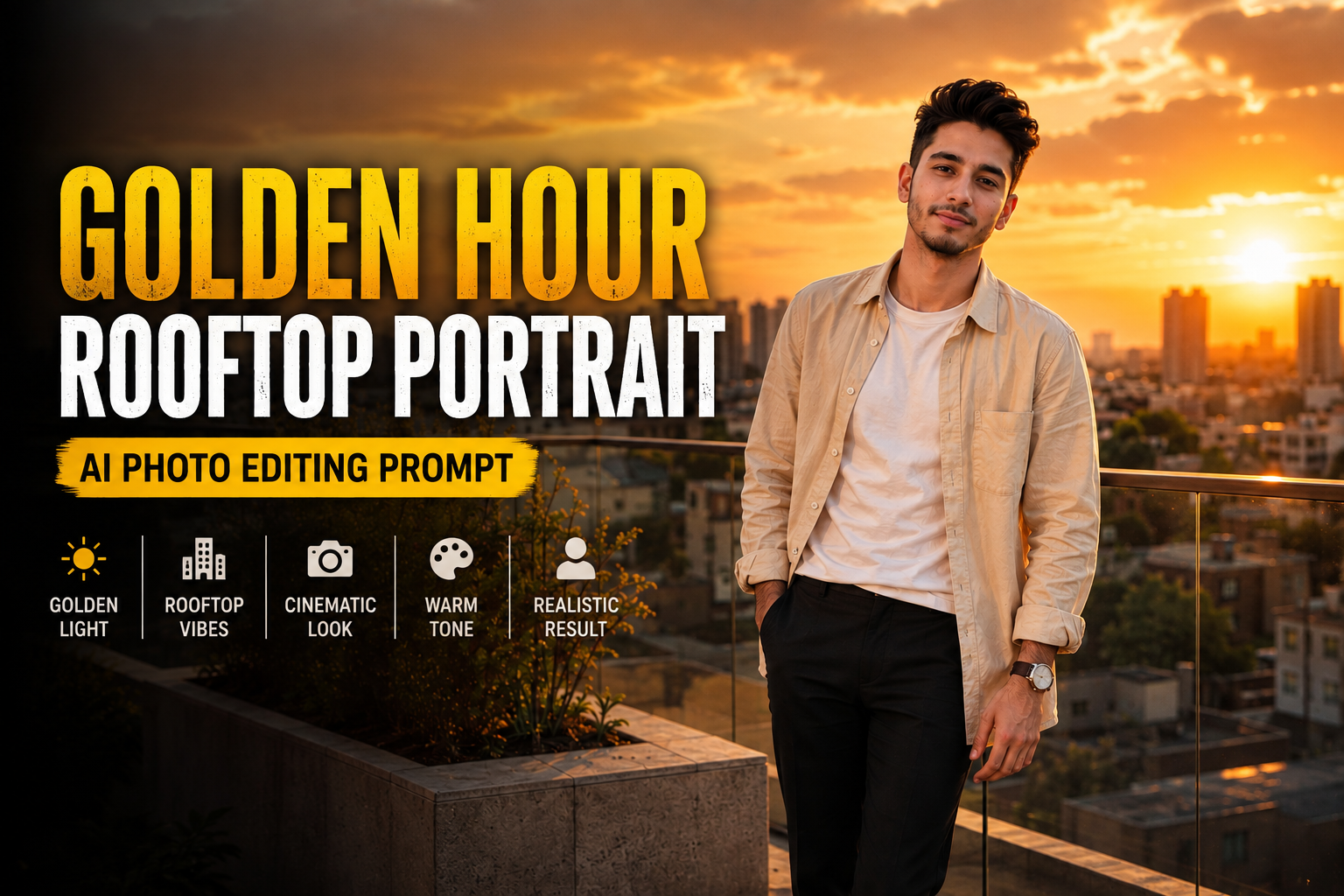 Golden Hour Rooftop Portrait AI Photo Editing Prompt