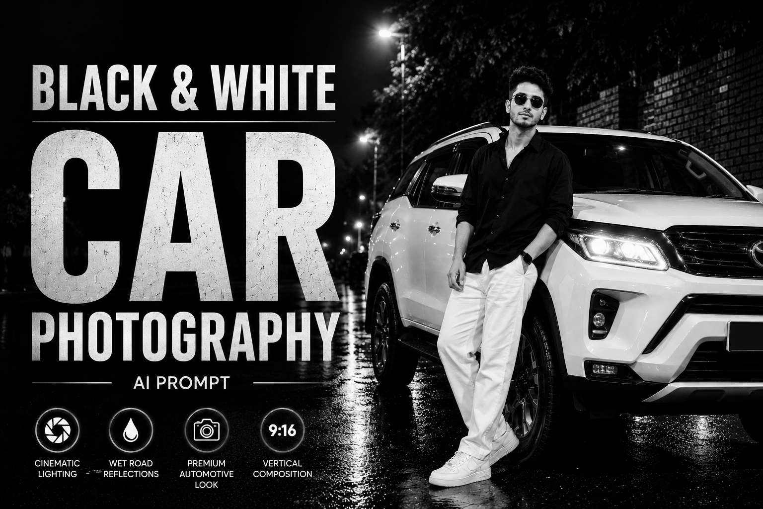 Black and White Car Photography AI Prompt