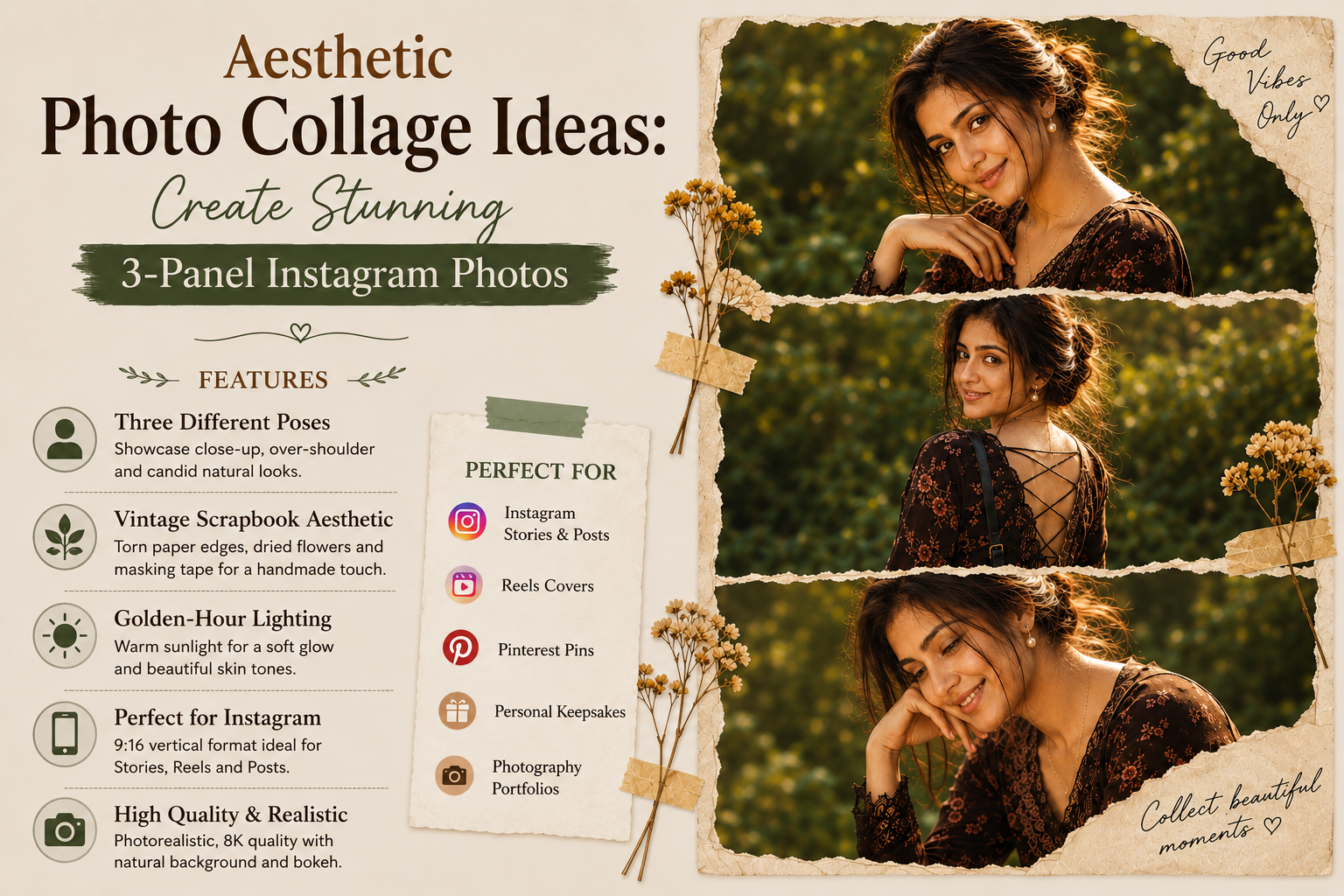 AI Photo Collage Prompt: Create a Stunning 3-Panel Vintage Scrapbook Portrait