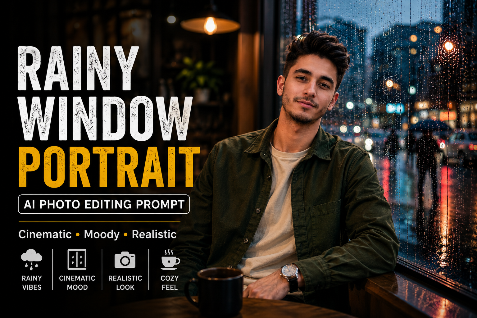 Rainy Window Portrait AI Photo Editing Prompt