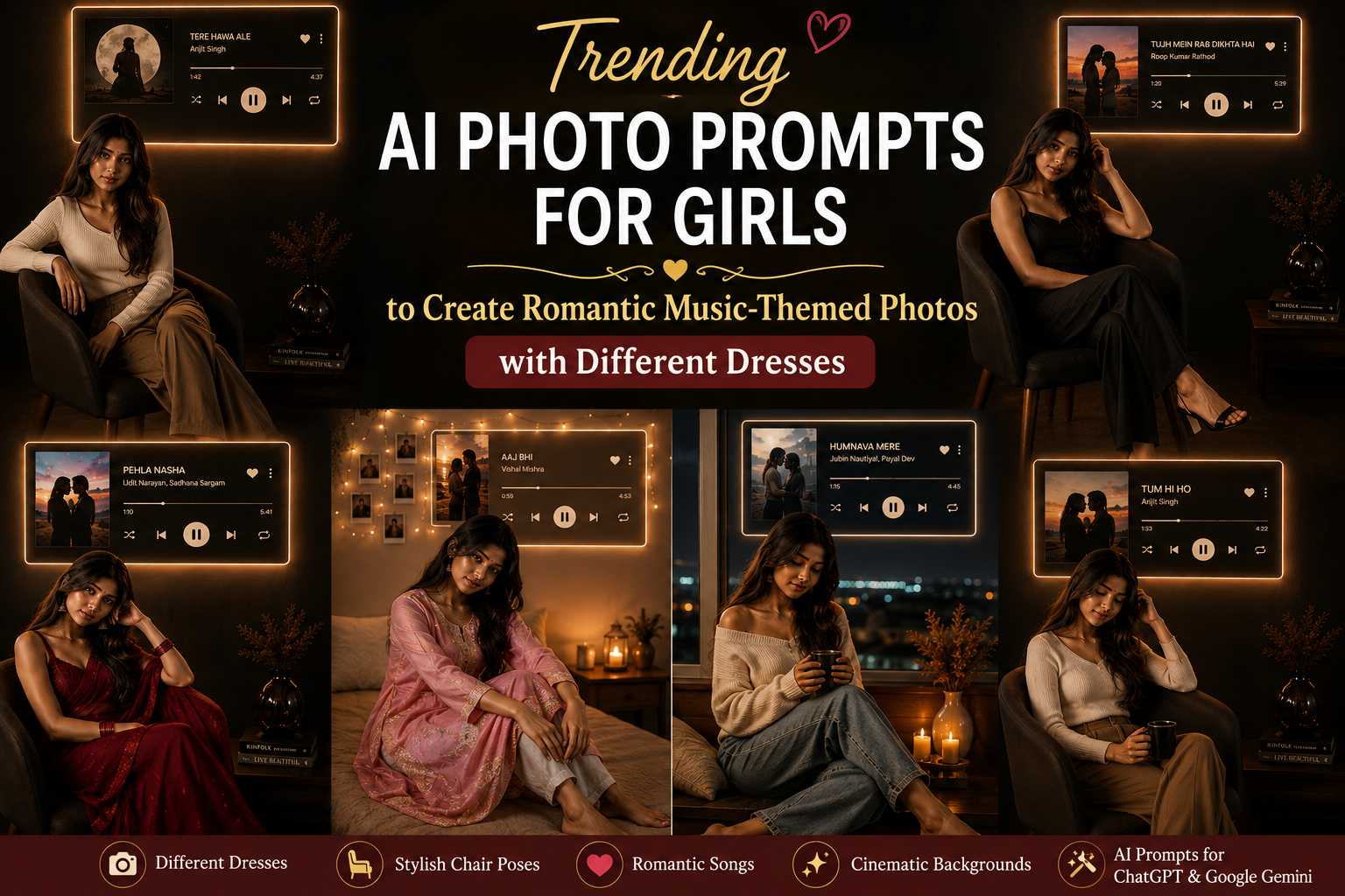 Trending AI Photo Prompts for Girls to Create Romantic Music-Themed Photos with Different Dresses