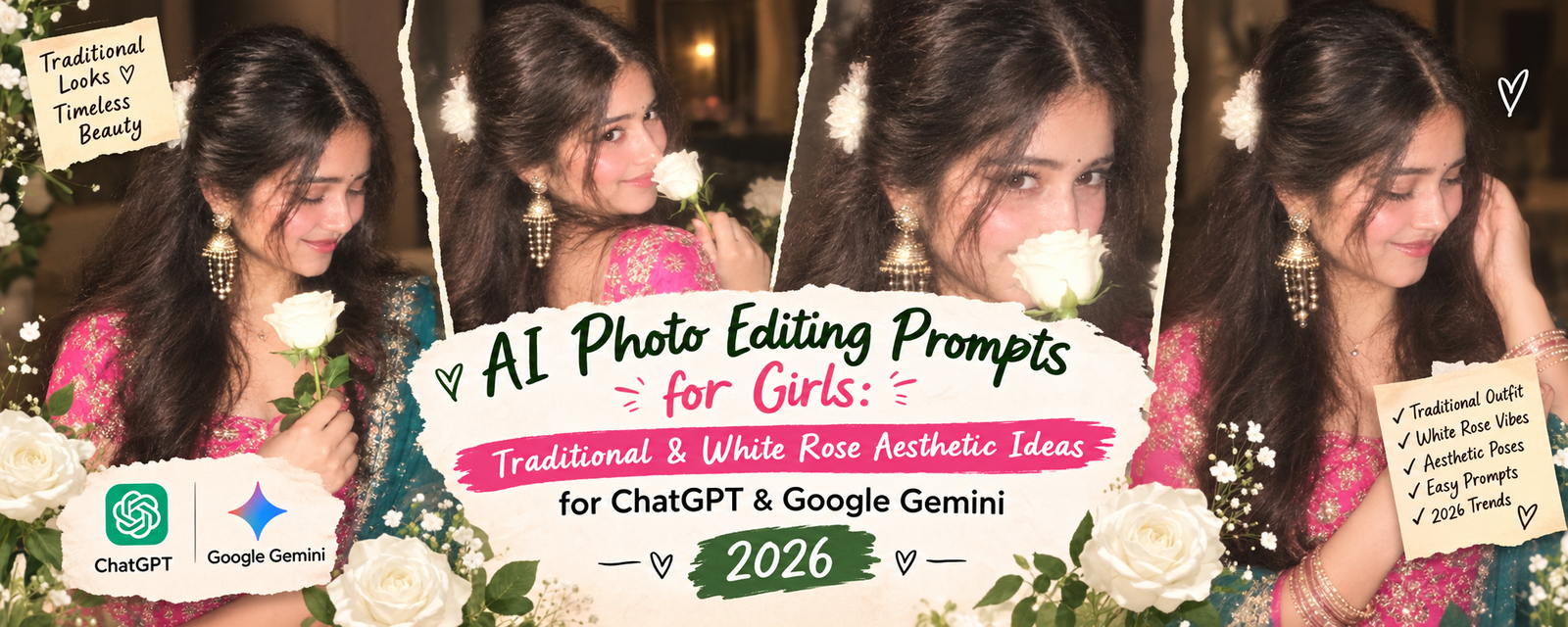 viral AI photo editing prompts for girls in traditional outfits with white roses. Create dreamy portraits using ChatGPT and Google Gemini 2026