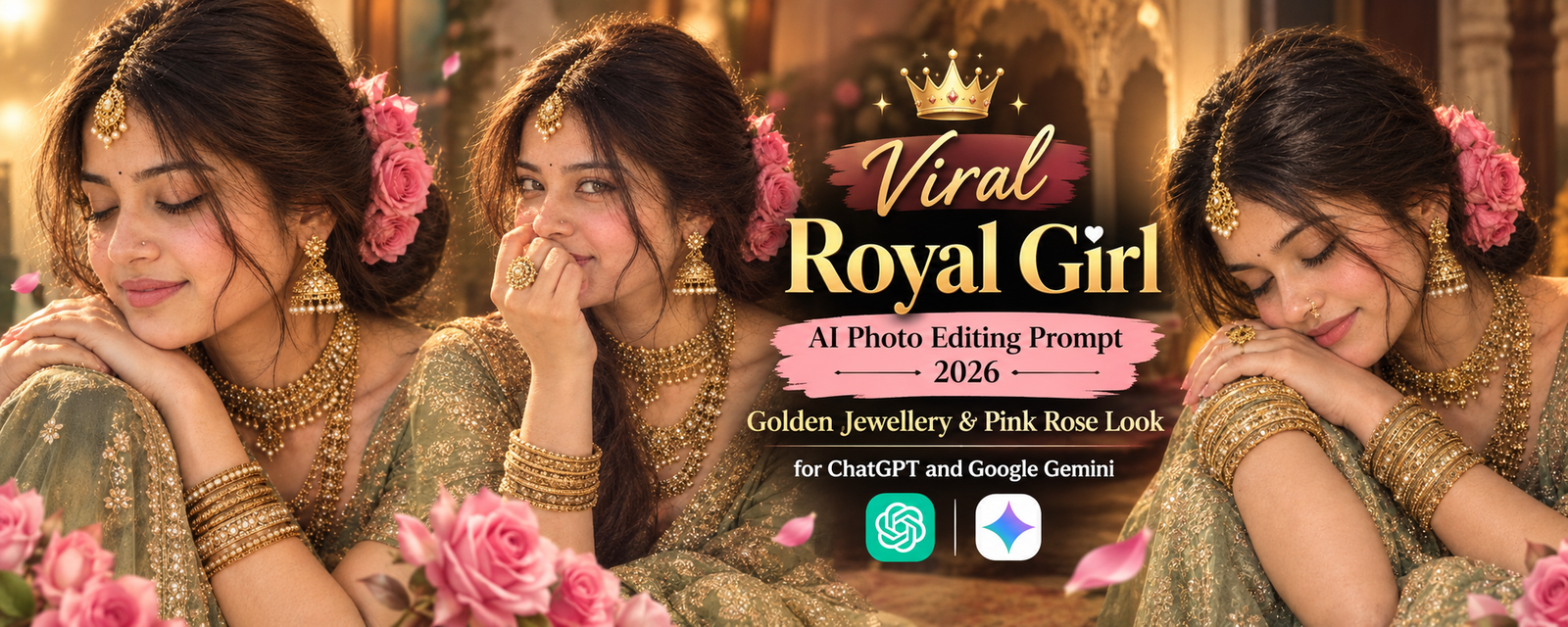 Viral Royal Girl AI Photo Editing Prompt 2026: Golden Jewellery & Pink Rose Look for ChatGPT and Google Gemini